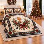 Ivory Hoopoe Christmas Wreath thin printed quilt with two matching pillow shams; complete-product design mockup with flat printed visual depth.