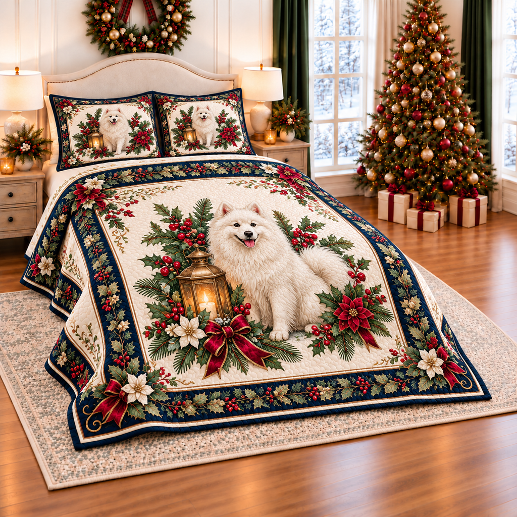Ivory Samoyed Christmas Lantern thin printed quilt with two matching pillow shams; complete-product design mockup with flat printed visual depth.
