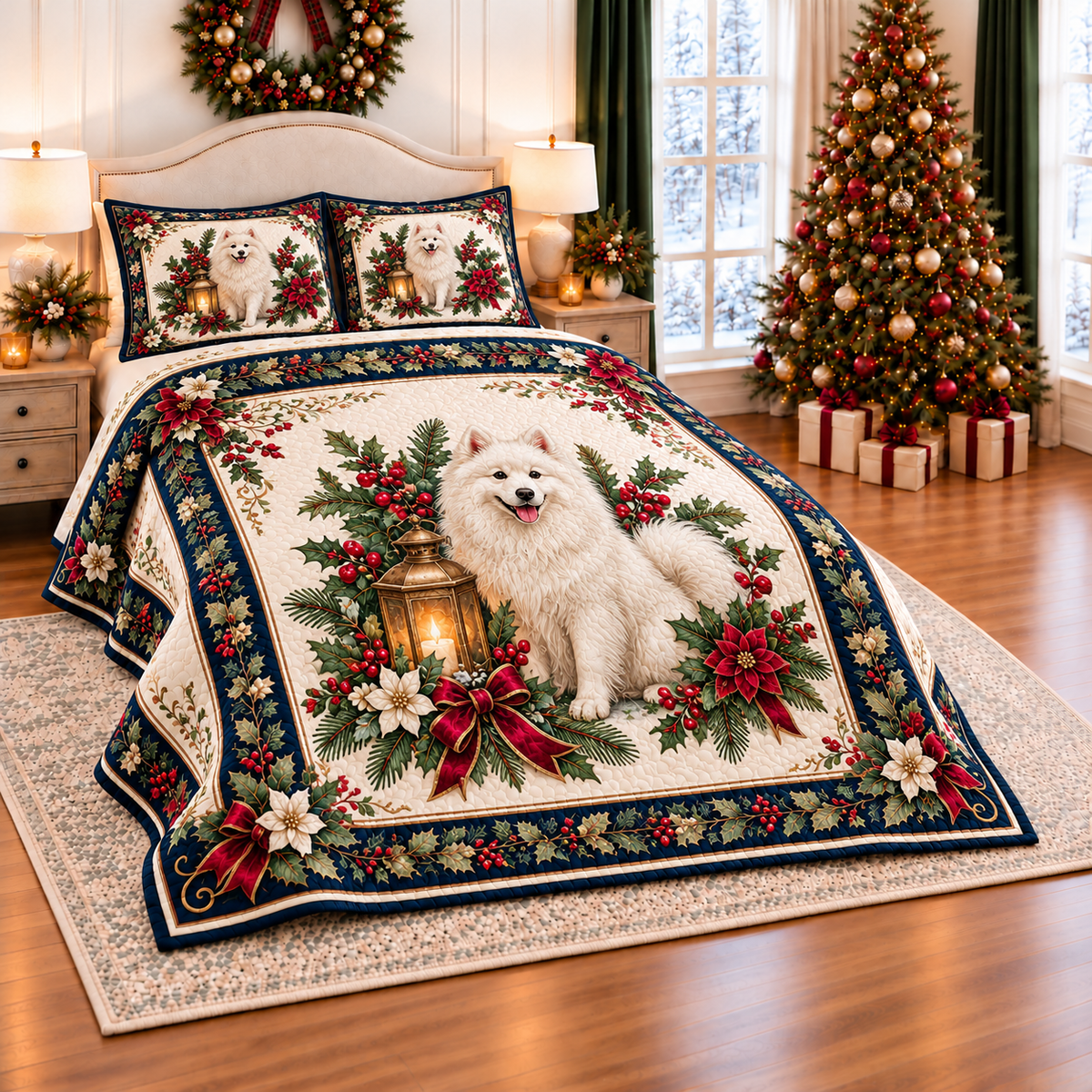Ivory Samoyed Christmas Lantern thin printed quilt with two matching pillow shams; complete-product design mockup with flat printed visual depth.