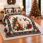 Ivory Samoyed Christmas Lantern thin printed quilt with two matching pillow shams; complete-product design mockup with flat printed visual depth.