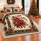 Ruby Freesia Christmas Bouquet thin printed quilt with two matching pillow shams; complete-product design mockup with flat printed visual depth.