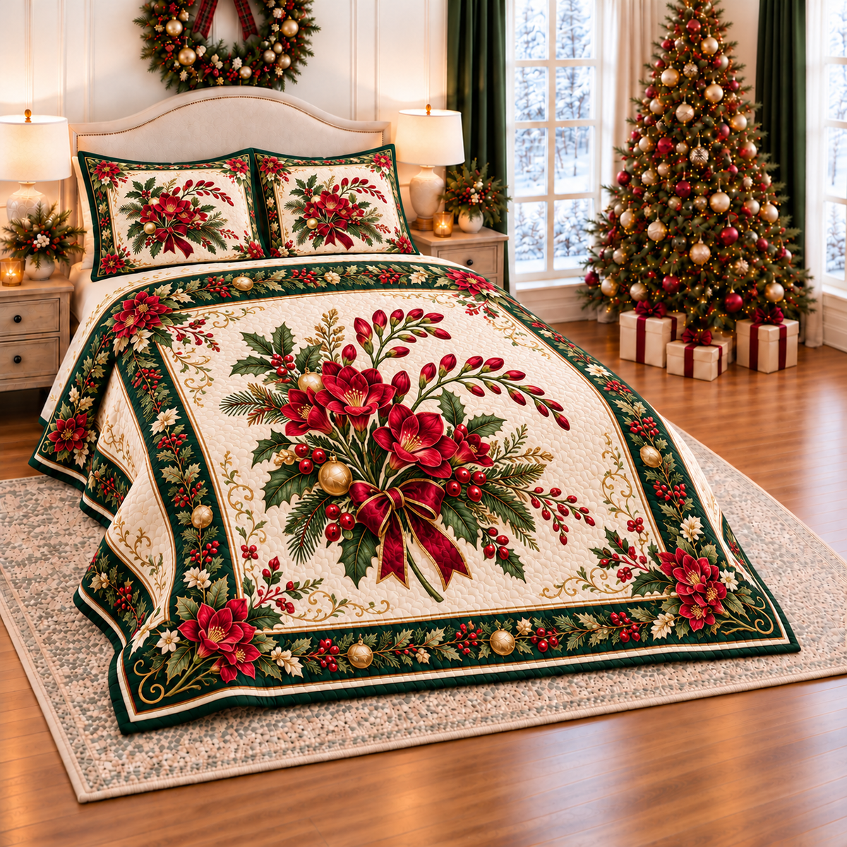 Ruby Freesia Christmas Bouquet thin printed quilt with two matching pillow shams; complete-product design mockup with flat printed visual depth.