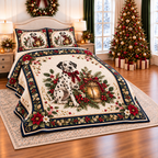 Ivory Dalmatian Christmas Lantern thin printed quilt with two matching pillow shams; complete-product design mockup with flat printed visual depth.