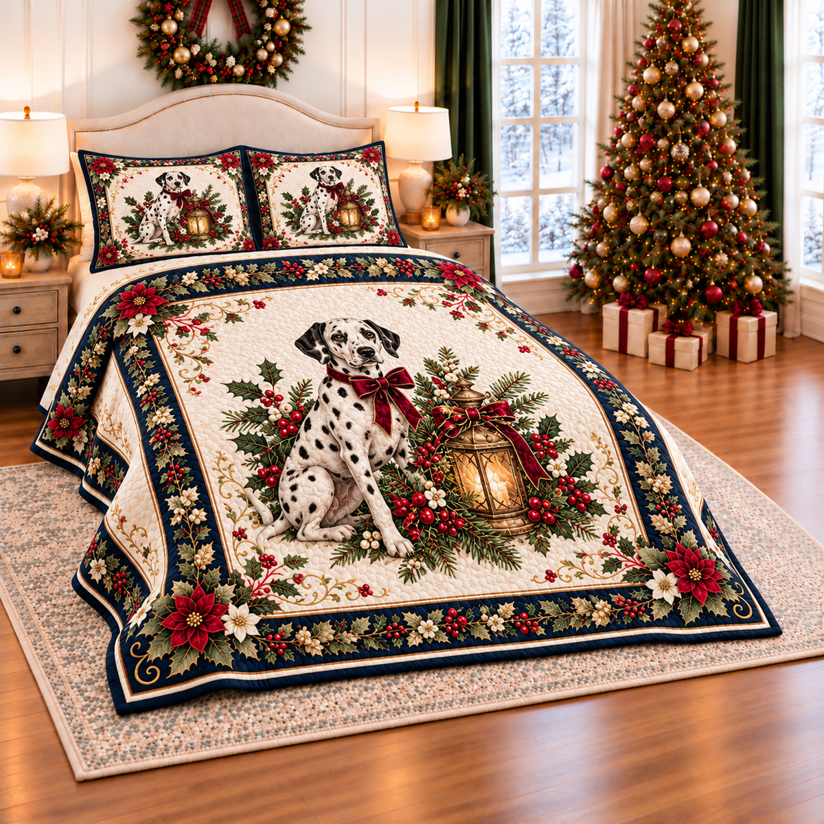 Ivory Dalmatian Christmas Lantern thin printed quilt with two matching pillow shams; complete-product design mockup with flat printed visual depth.