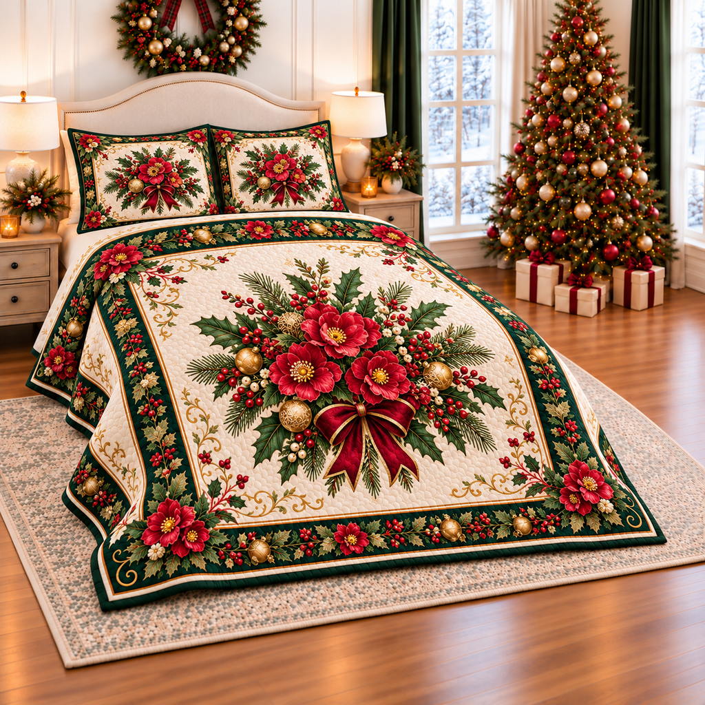 Ruby Begonia Christmas Bouquet thin printed quilt with two matching pillow shams; complete-product design mockup with flat printed visual depth.