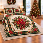 Ruby Begonia Christmas Bouquet thin printed quilt with two matching pillow shams; complete-product design mockup with flat printed visual depth.
