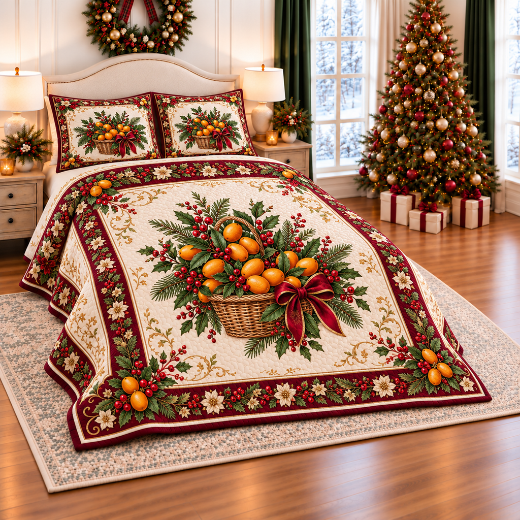 Golden Kumquat Christmas Basket thin printed quilt with two matching pillow shams; complete-product design mockup with flat printed visual depth.