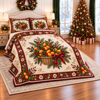 Golden Kumquat Christmas Basket thin printed quilt with two matching pillow shams; complete-product design mockup with flat printed visual depth.