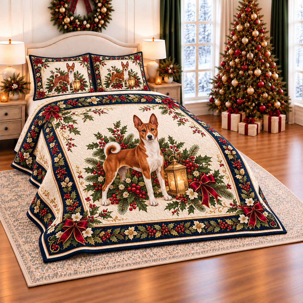 Ivory Basenji Christmas Lantern thin printed quilt with two matching pillow shams; complete-product design mockup with flat printed visual depth.