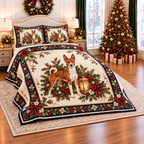 Ivory Basenji Christmas Lantern thin printed quilt with two matching pillow shams; complete-product design mockup with flat printed visual depth.