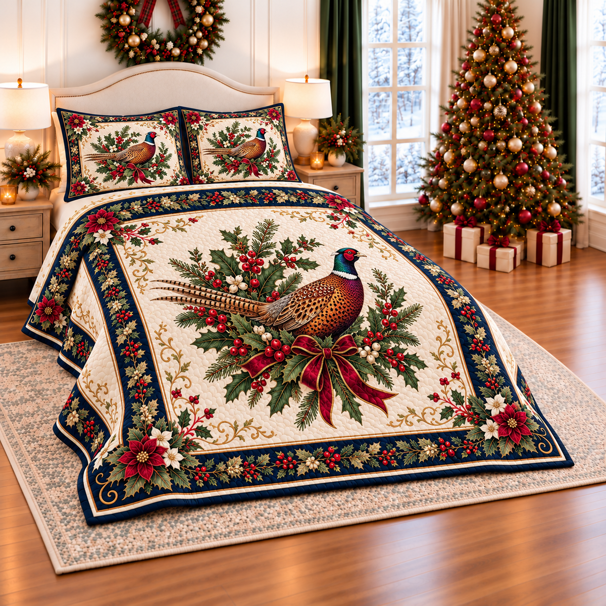 Ivory Pheasant Christmas Wreath thin printed quilt with two matching pillow shams; complete-product design mockup with flat printed visual depth.