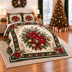 Ruby Cosmos Christmas Bouquet thin printed quilt with two matching pillow shams; complete-product design mockup with flat printed visual depth.
