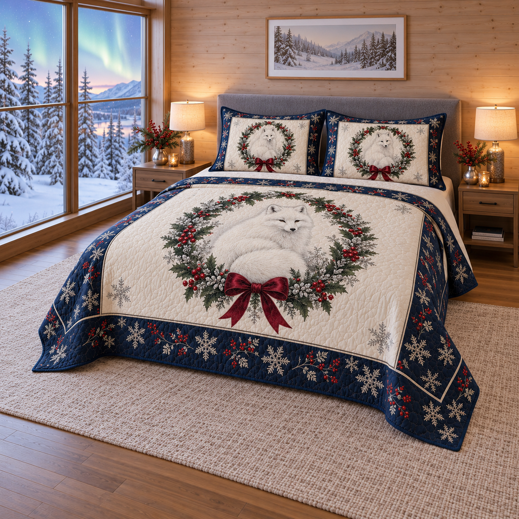 Arctic Fox Aurora Christmas thin printed quilt with two matching pillow shams; complete-product design mockup with flat printed visual depth.
