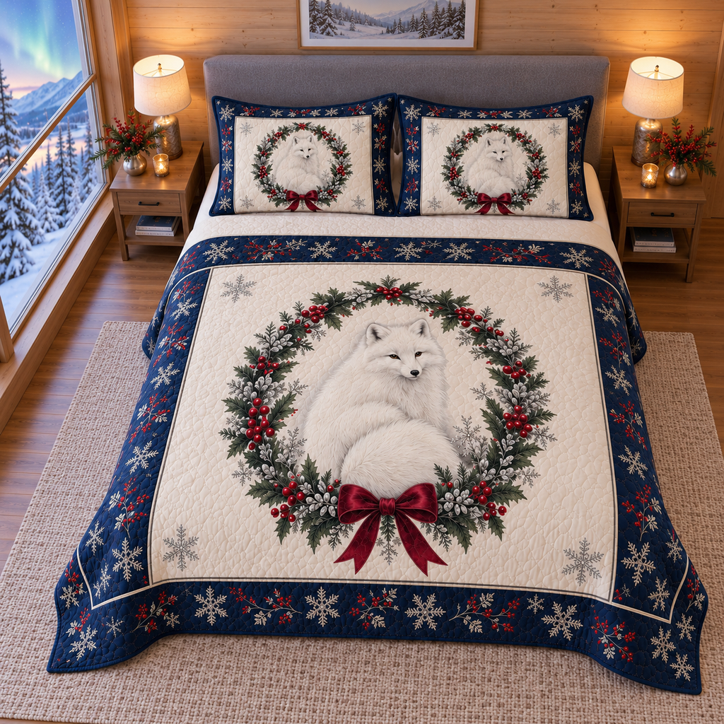 Arctic Fox Aurora Christmas Quilted Bedding Set; elevated angle; same printed design mockup.