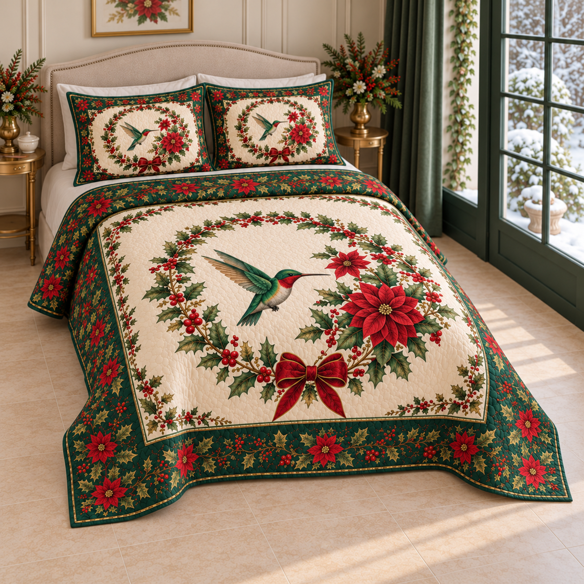 Emerald Hummingbird Christmas Garden Quilted Bedding Set; complete thin quilt with two matching shams, combined elevated three-quarter design mockup; flat printed visual depth.