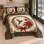 Emerald Hummingbird Christmas Garden Quilted Bedding Set; complete thin quilt with two matching shams, combined elevated three-quarter design mockup; flat printed visual depth.
