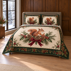 Woodland Squirrel Christmas Pinecone thin printed quilt with two matching pillow shams; complete-product design mockup with flat printed visual depth.