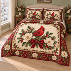 Ruby Cardinal Magnolia Christmas thin printed quilt with two matching pillow shams; complete-product design mockup with flat printed visual depth.