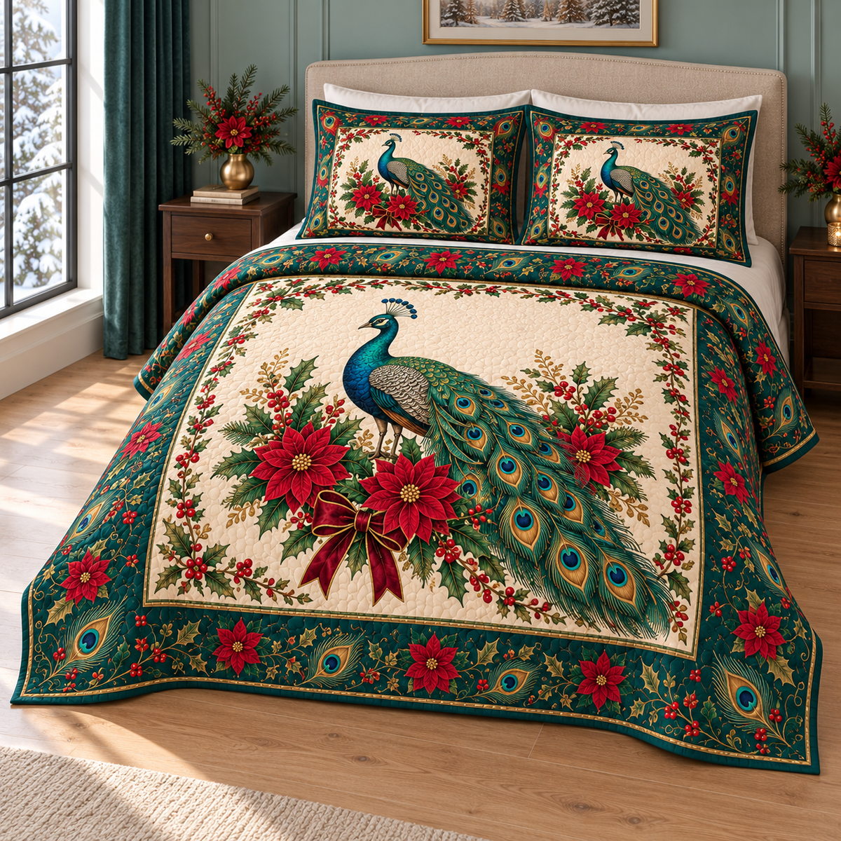 Emerald Peacock Poinsettia Christmas thin printed quilt with two matching pillow shams; complete-product design mockup with flat printed visual depth.