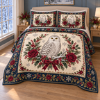 Snowy Owl Burgundy Rose Christmas thin printed quilt with two matching pillow shams; complete-product design mockup with flat printed visual depth.
