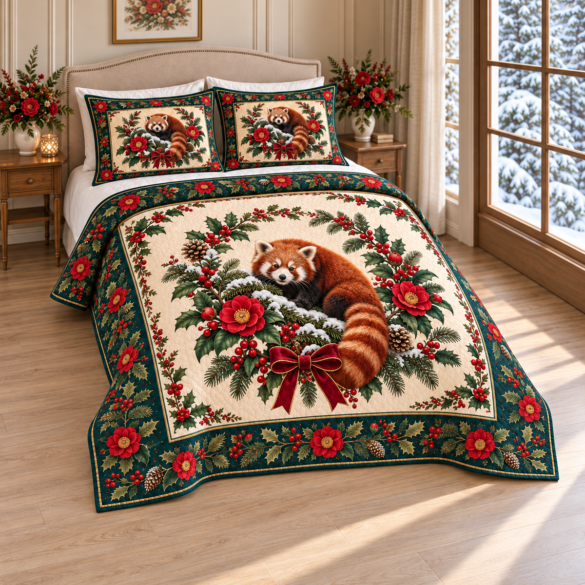 Red Panda Camellia Christmas thin printed quilt with two matching pillow shams; complete-product design mockup with flat printed visual depth.