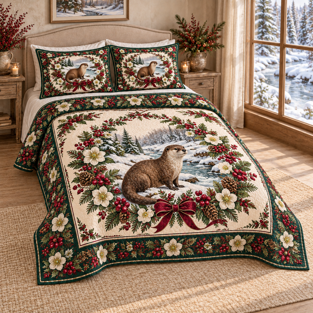 Winter Otter Cranberry Christmas thin printed quilt with two matching pillow shams; complete-product design mockup with flat printed visual depth.