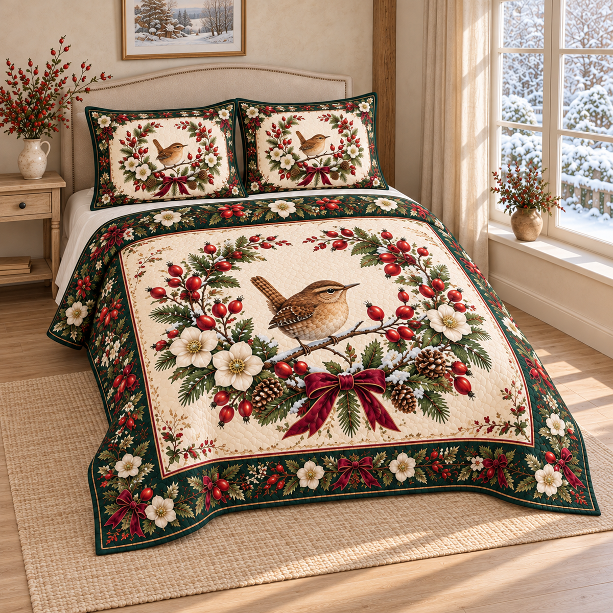 Winter Wren Rosehip Christmas thin printed quilt with two matching pillow shams; complete-product design mockup with flat printed visual depth.
