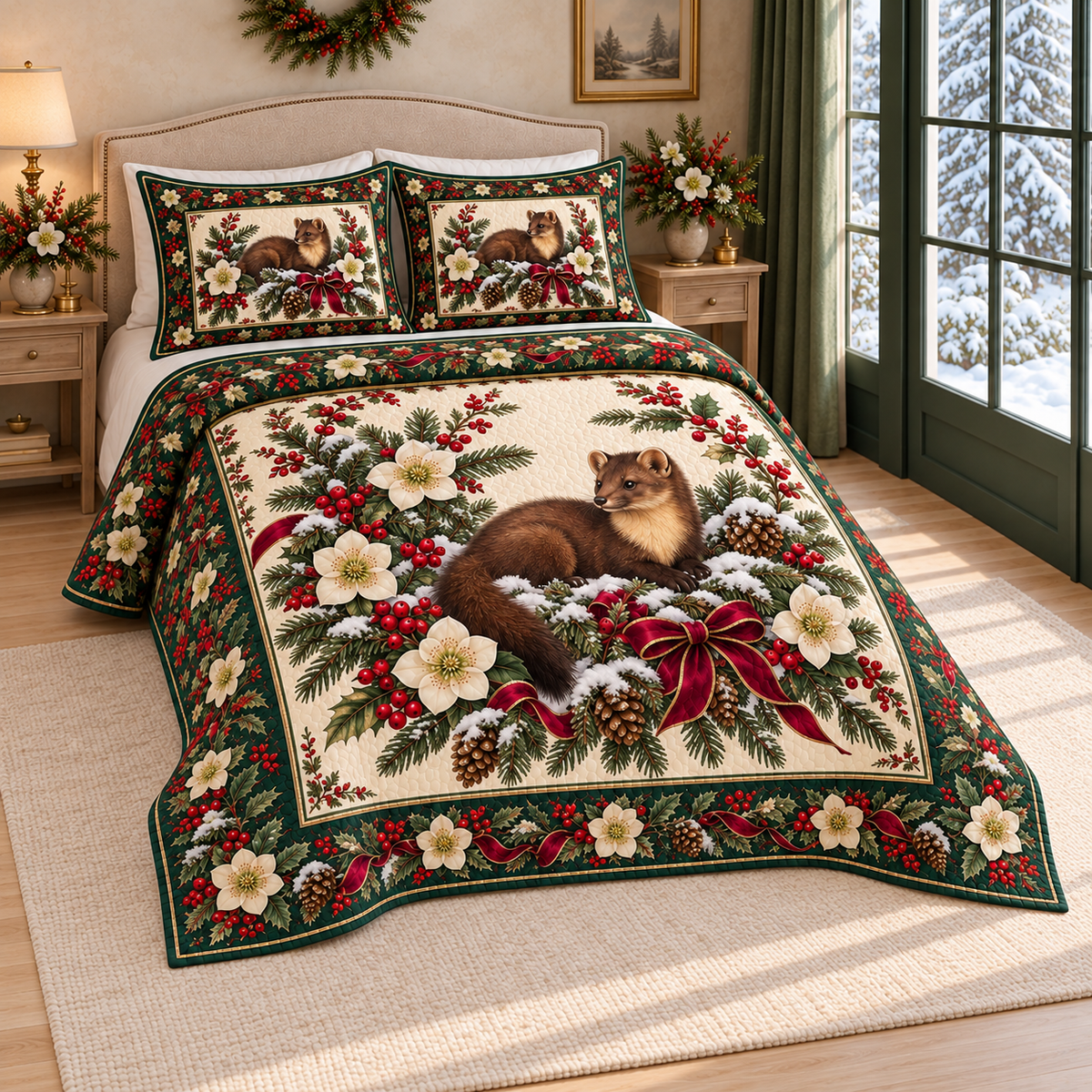 Winter Pine Marten Hellebore Christmas thin printed quilt with two matching pillow shams; complete-product design mockup with flat printed visual depth.