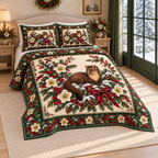 Winter Pine Marten Hellebore Christmas thin printed quilt with two matching pillow shams; complete-product design mockup with flat printed visual depth.