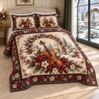 Christmas Violin Winter Rose Garden thin printed quilt with two matching pillow shams; complete-product design mockup with flat printed visual depth.