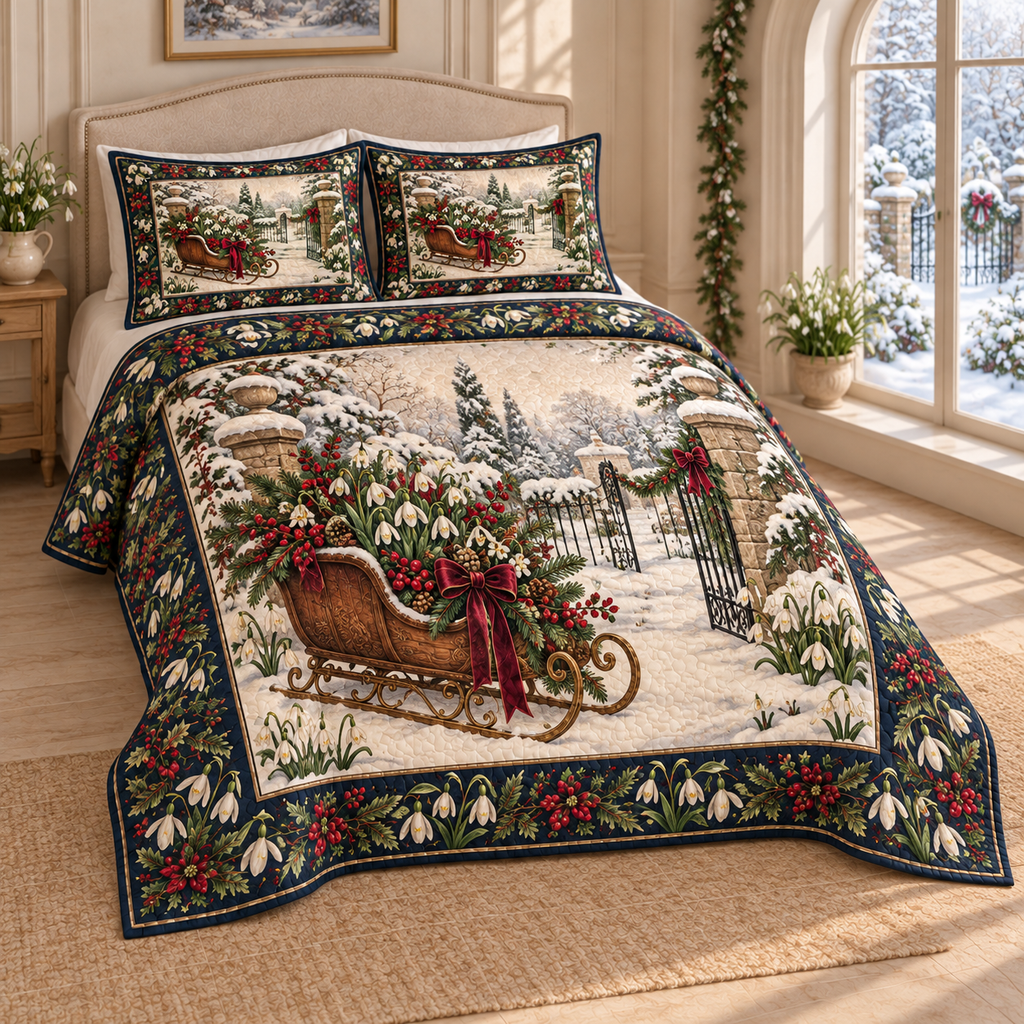 Christmas Sleigh Snowdrop Garden thin printed quilt with two matching pillow shams; complete-product design mockup with flat printed visual depth.