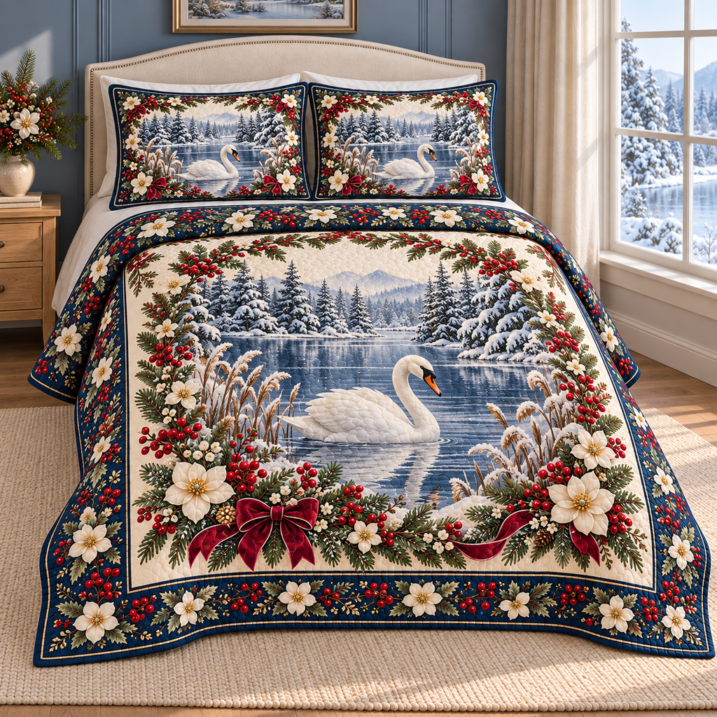 Christmas Swan Winter Lake Garden thin printed quilt with two matching pillow shams; complete-product design mockup with flat printed visual depth.
