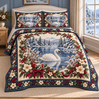 Christmas Swan Winter Lake Garden thin printed quilt with two matching pillow shams; complete-product design mockup with flat printed visual depth.