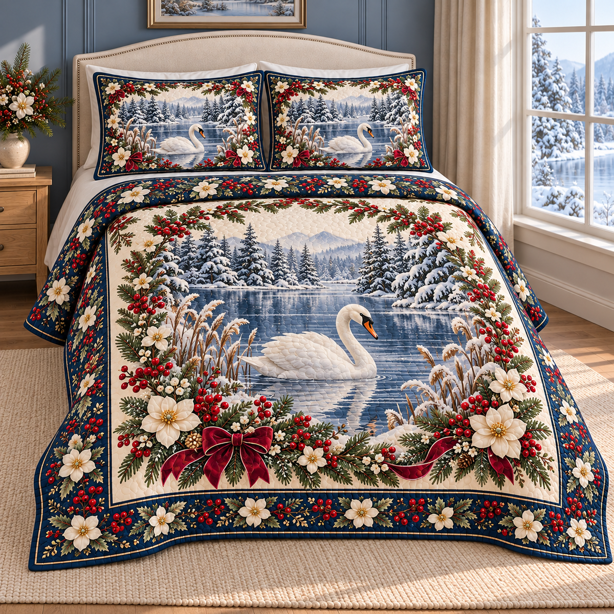 Christmas Swan Winter Lake Garden thin printed quilt with two matching pillow shams; complete-product design mockup with flat printed visual depth.