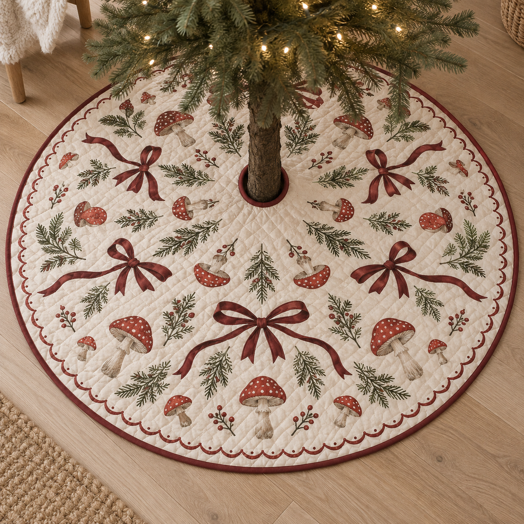 Woodland Ribbon Quilted Christmas Tree Skirt — digital product visualization