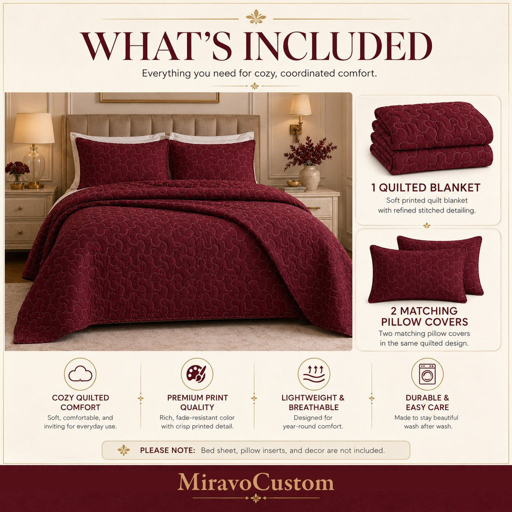What is included: one quilted blanket and two matching pillow covers — shared product guide; illustrative sample artwork