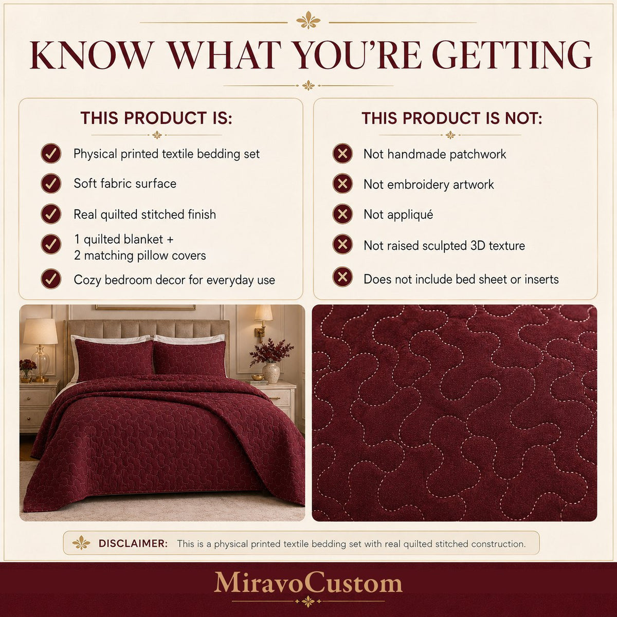 What this product is and is not: a printed textile bedding set, not handmade patchwork or embroidery — shared product guide; illustrative sample artwork