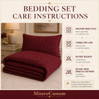 Care instructions for the quilted bedding set — shared product guide; illustrative sample artwork