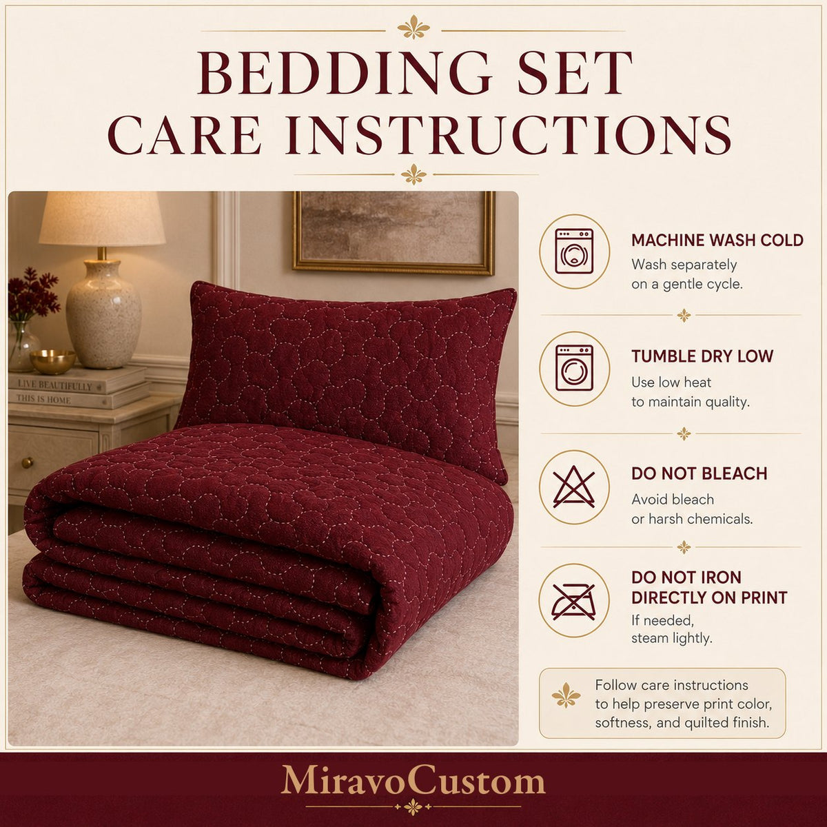 Care instructions for the quilted bedding set — shared product guide; illustrative sample artwork