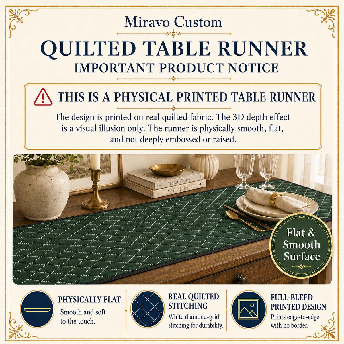 Important: the design is printed flat, not embossed — shared product guide; illustrative sample artwork