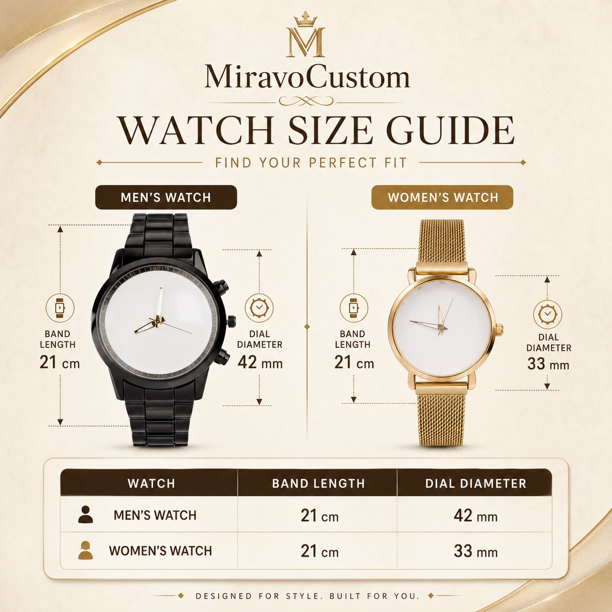 MiravoCustom watch size guide