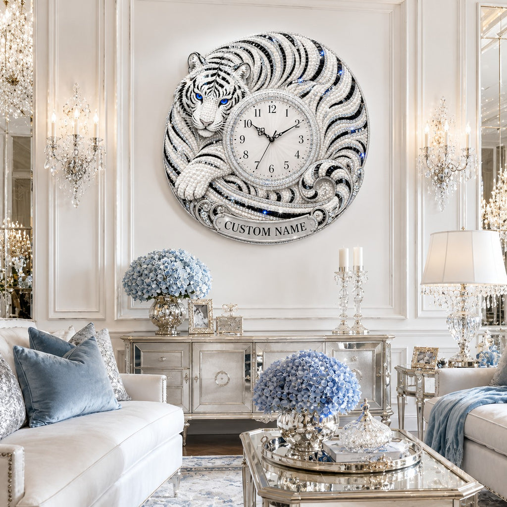 Curled white tiger Custom Name Wall Clock — personalized with a custom name