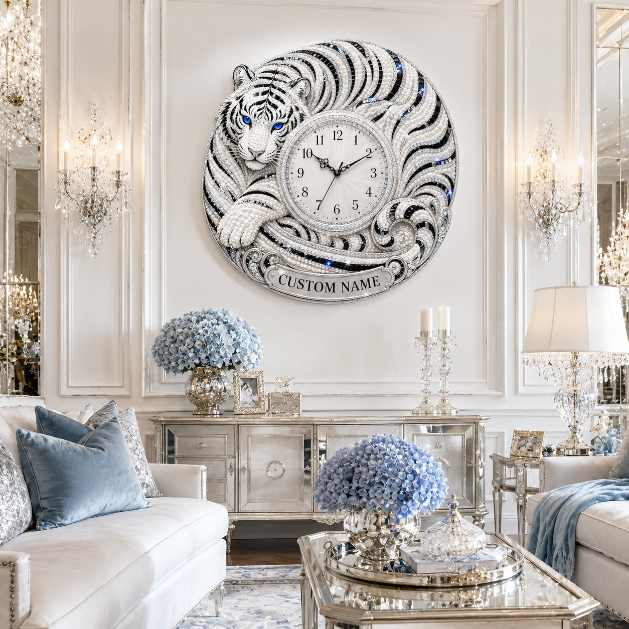 Curled white tiger Custom Name Wall Clock — personalized with a custom name