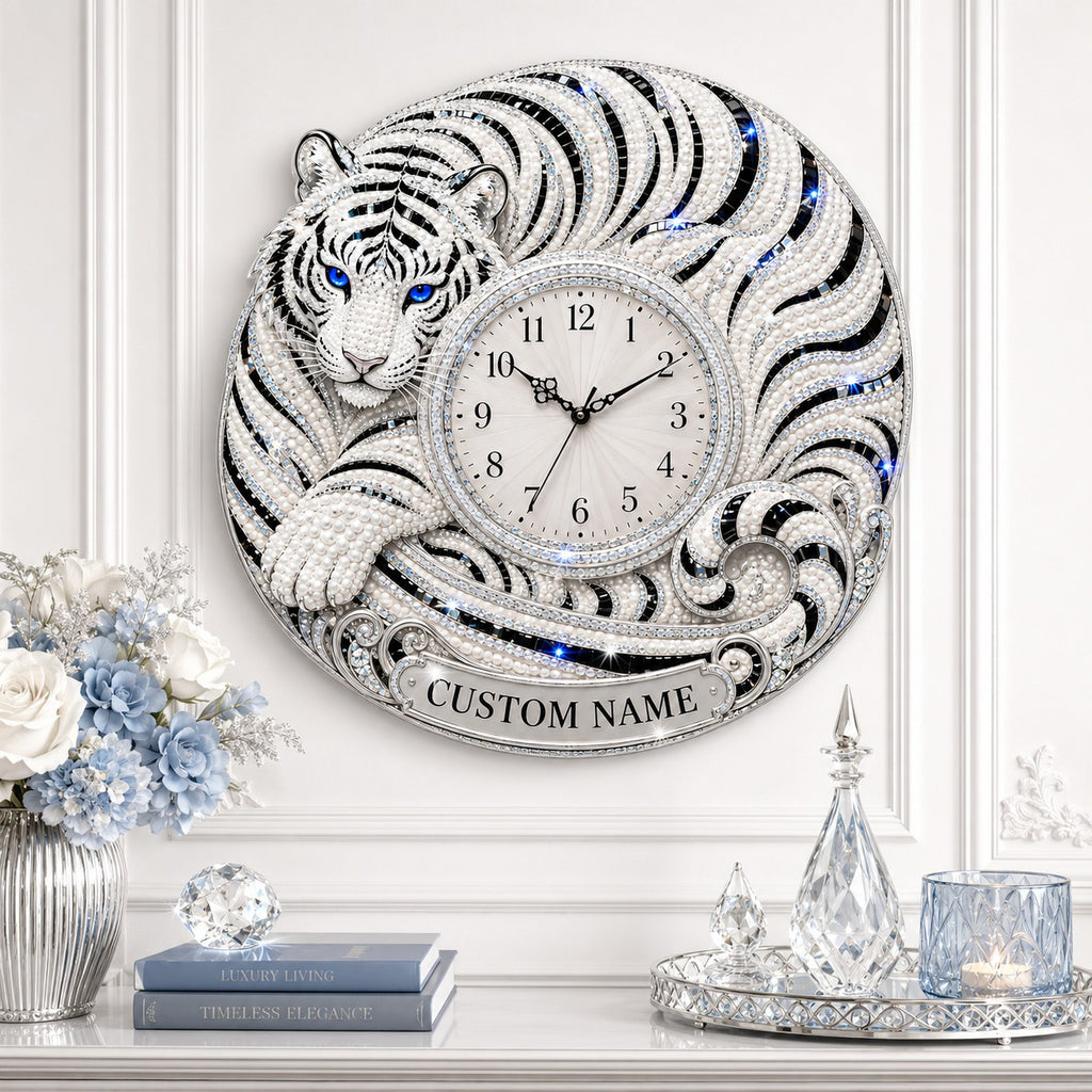 Curled white tiger Custom Name Wall Clock — personalized with a custom name