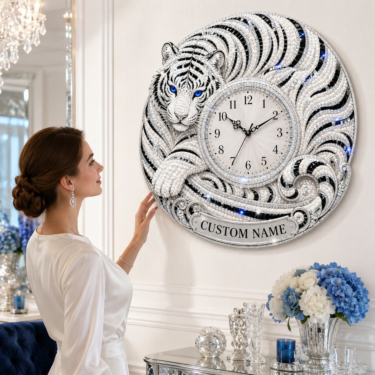 Curled white tiger Custom Name Wall Clock — personalized with a custom name
