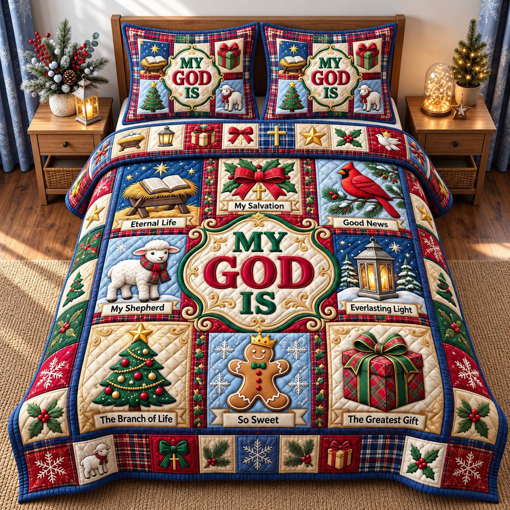 My God Is Patchwork Christmas quilted 3-piece bedding set on a made bed in a winter-styled bedroom