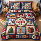 My God Is Patchwork Christmas quilted 3-piece bedding set on a made bed in a winter-styled bedroom