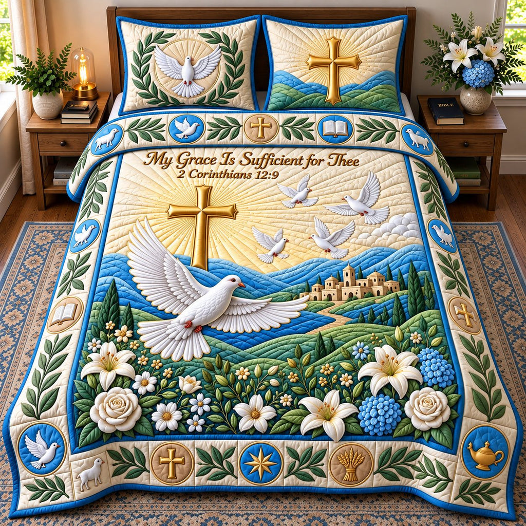 My Grace quilted 3-piece bedding set on a made bed with two matching pillow shams