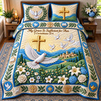 My Grace quilted 3-piece bedding set on a made bed with two matching pillow shams