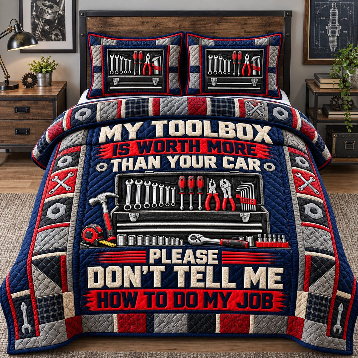 My Toolbox My Rules quilted 3-piece bedding set on a made bed with two matching pillow shams